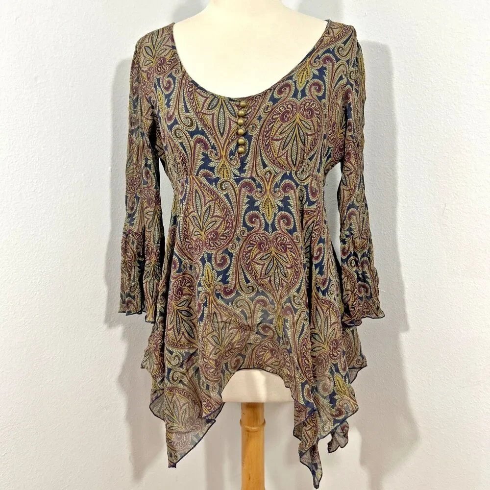 Michael Kors Babydoll Blouse Womens M Silk‎ Gypsy Handkerchief Hem Fairycore